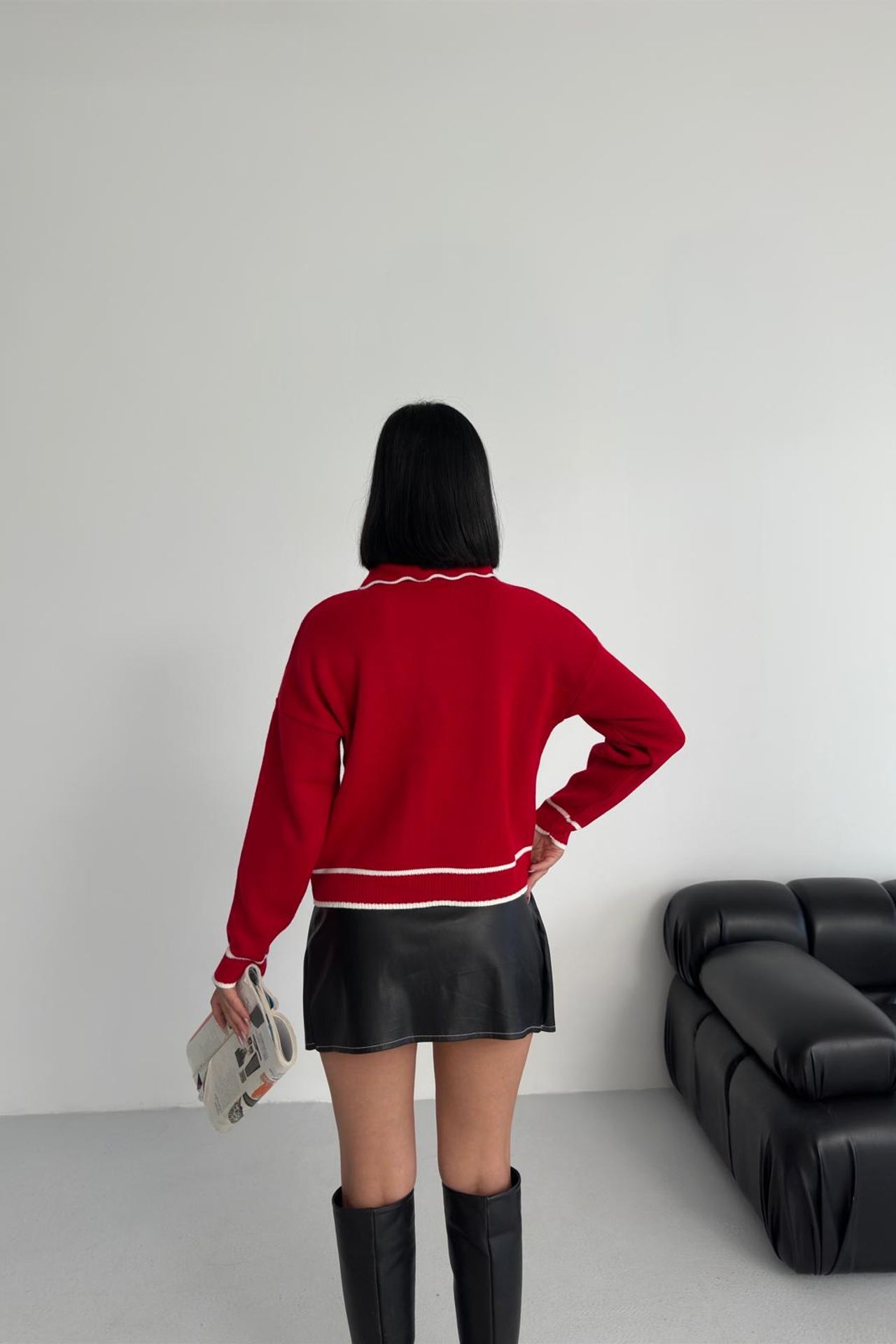 MY FASHION Textured Polo Neck Knit Sweater with Ribbon Detail 3