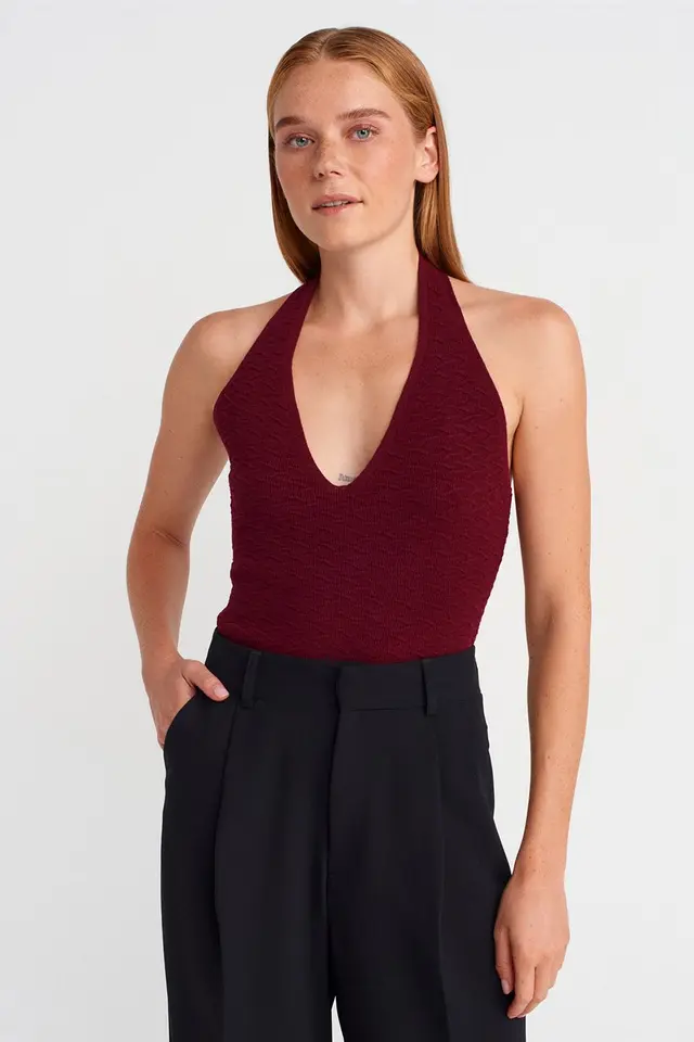DILVIN Ribbed Halterneck Knit Blouse