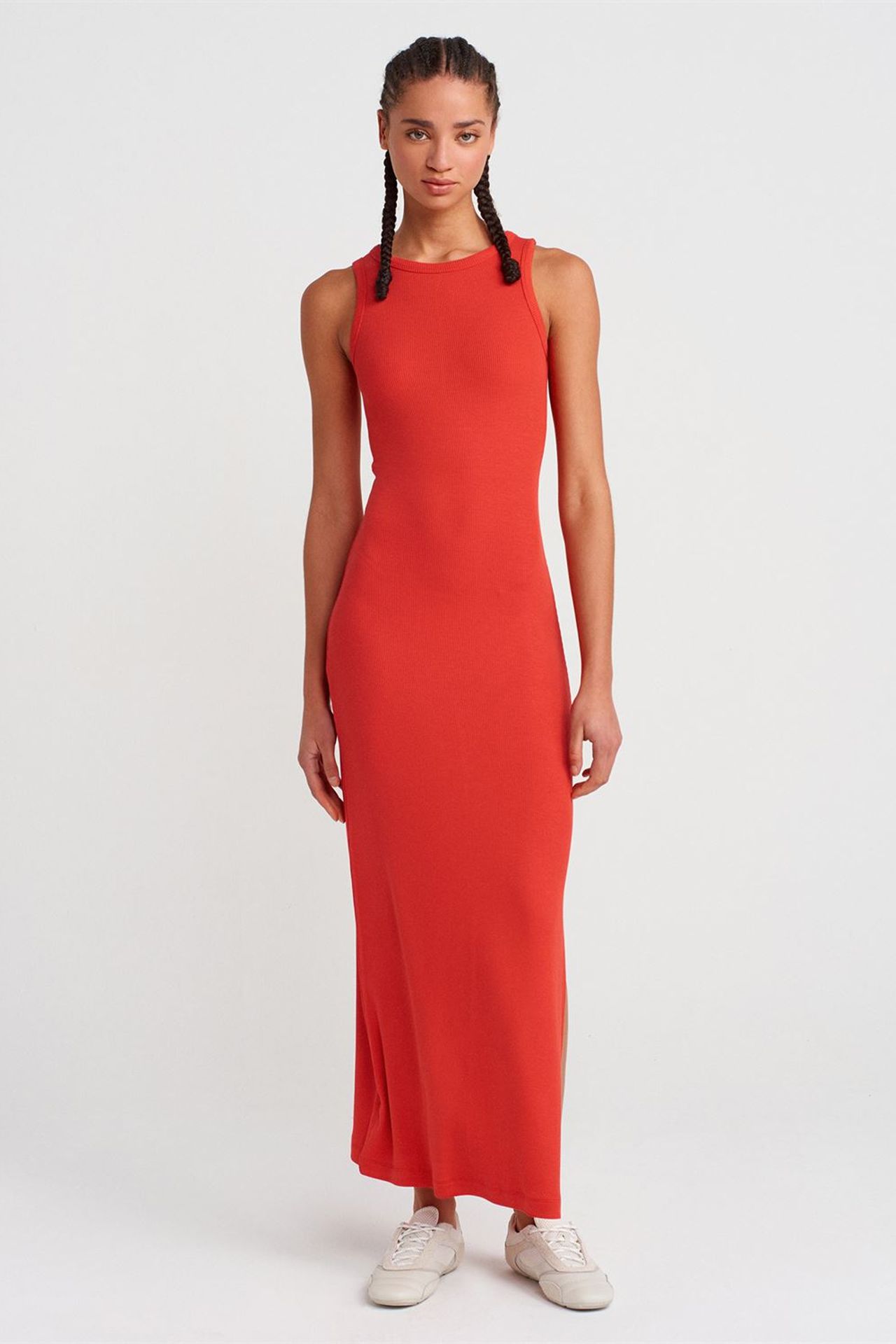 DILVIN Yırtmaçlı Kolsuz Bodycon Midi Elbise 4