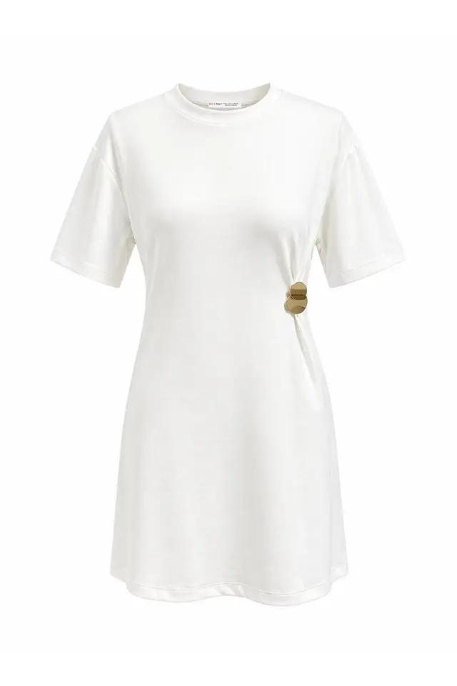 MIXRAY Crew Neck Mini T-Shirt Dress with Stone Accessory