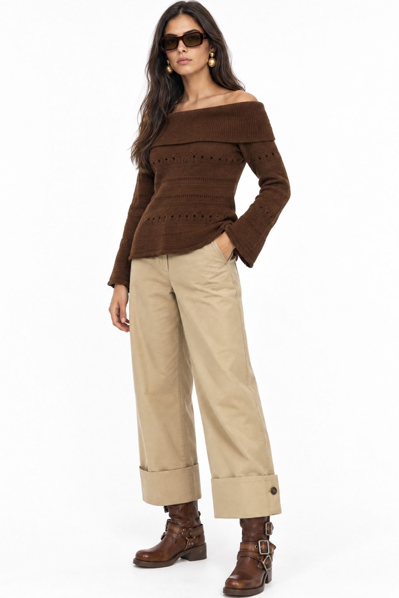 MIXRAY Off Shoulder Textured Ribbed Sweater with Cut Out Details 4