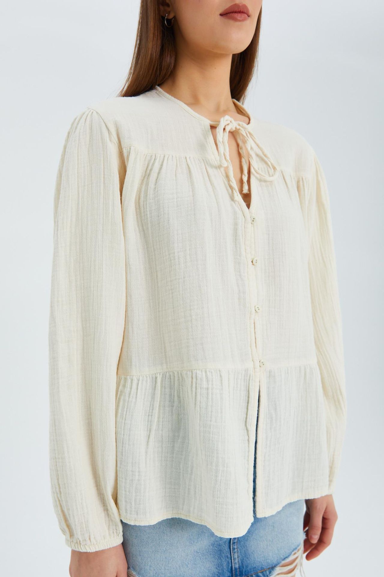 Mixray Long Sleeve Relaxed Fit Blouse with Tie-Neck 4