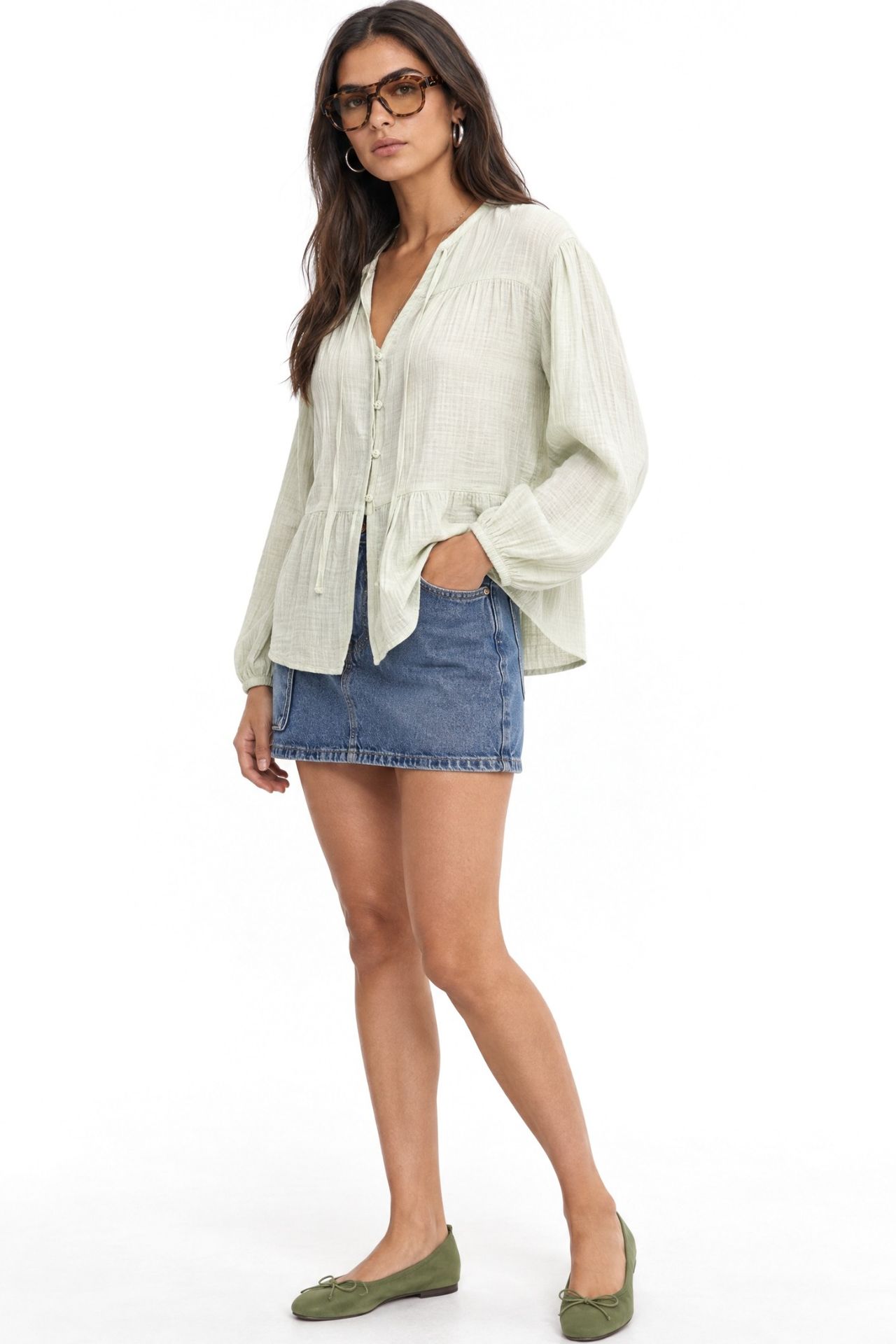 Mixray Long Sleeve Relaxed Fit Blouse with Tie-Neck 4