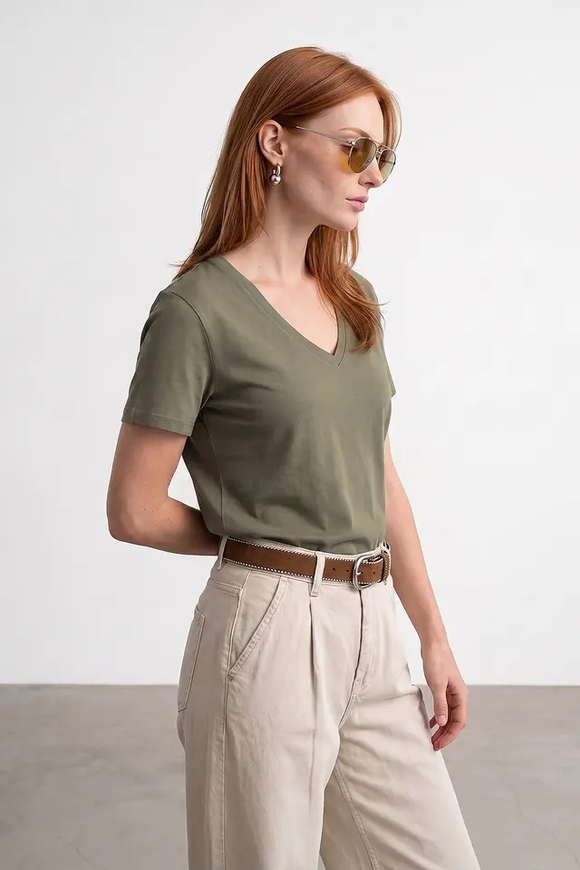 DILVIN Cotton Tencel V-Neck Short-Sleeve Blouse