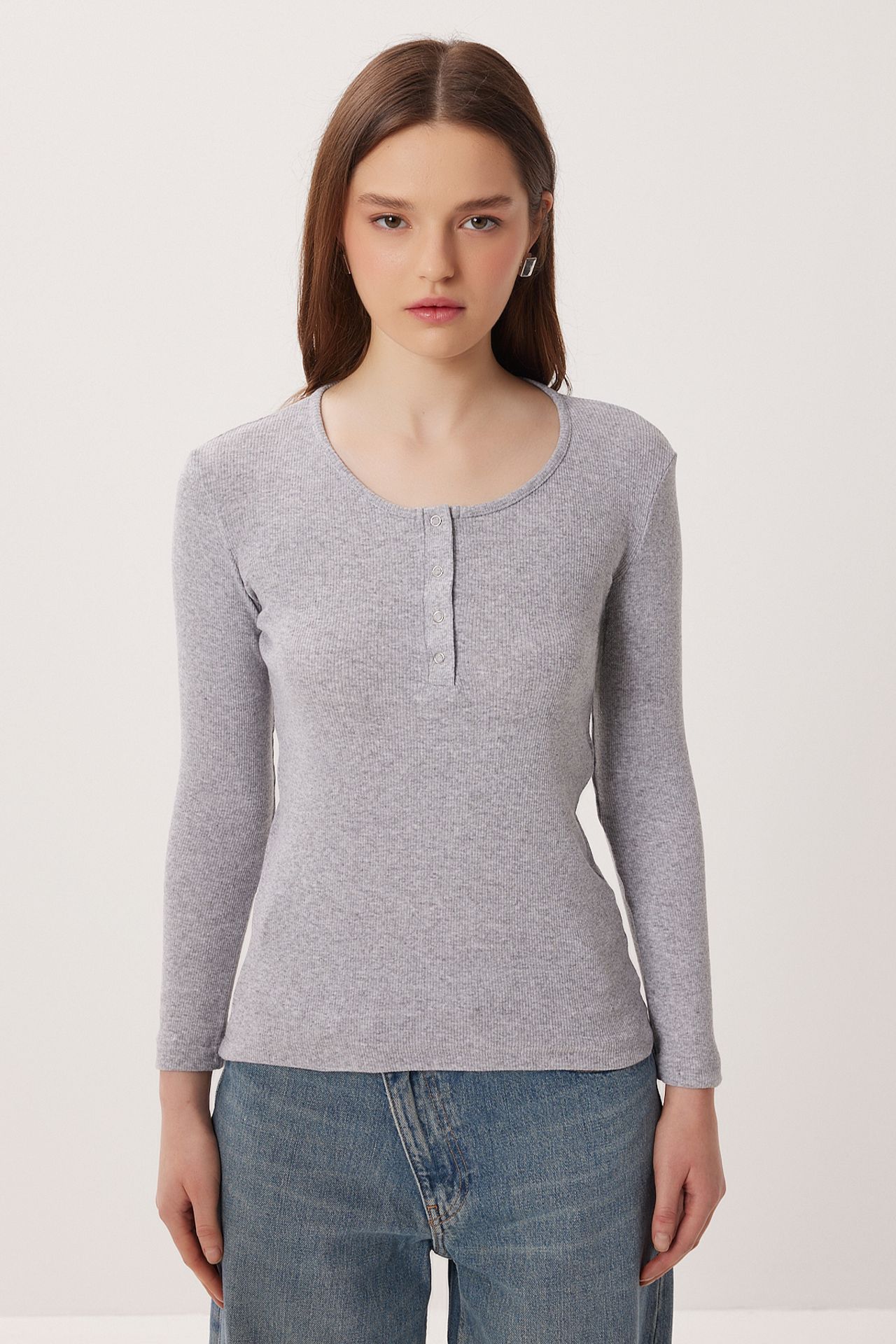 ISTANBUL Slim Fit Ribbed Button-Up Long Sleeve Blouse 4