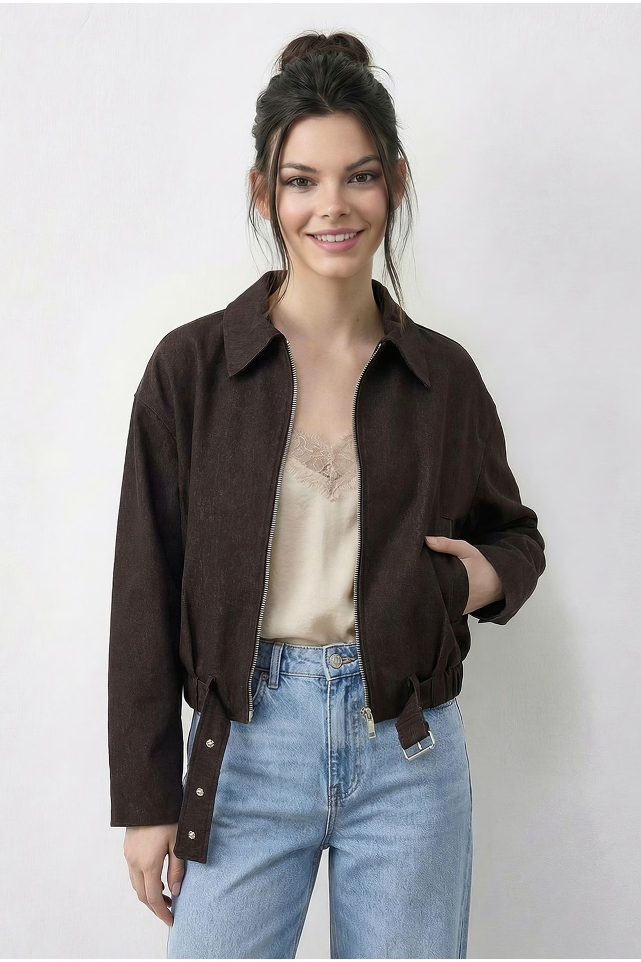 LUCCI Oversized Denim Bomber Jacket with Belt 4