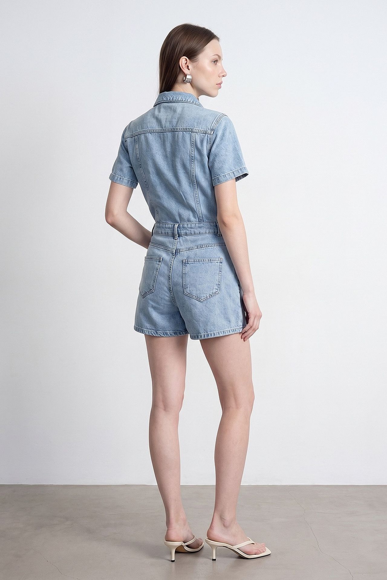 DILVIN Denim Dungaree Shorts With Shirt Collar 2
