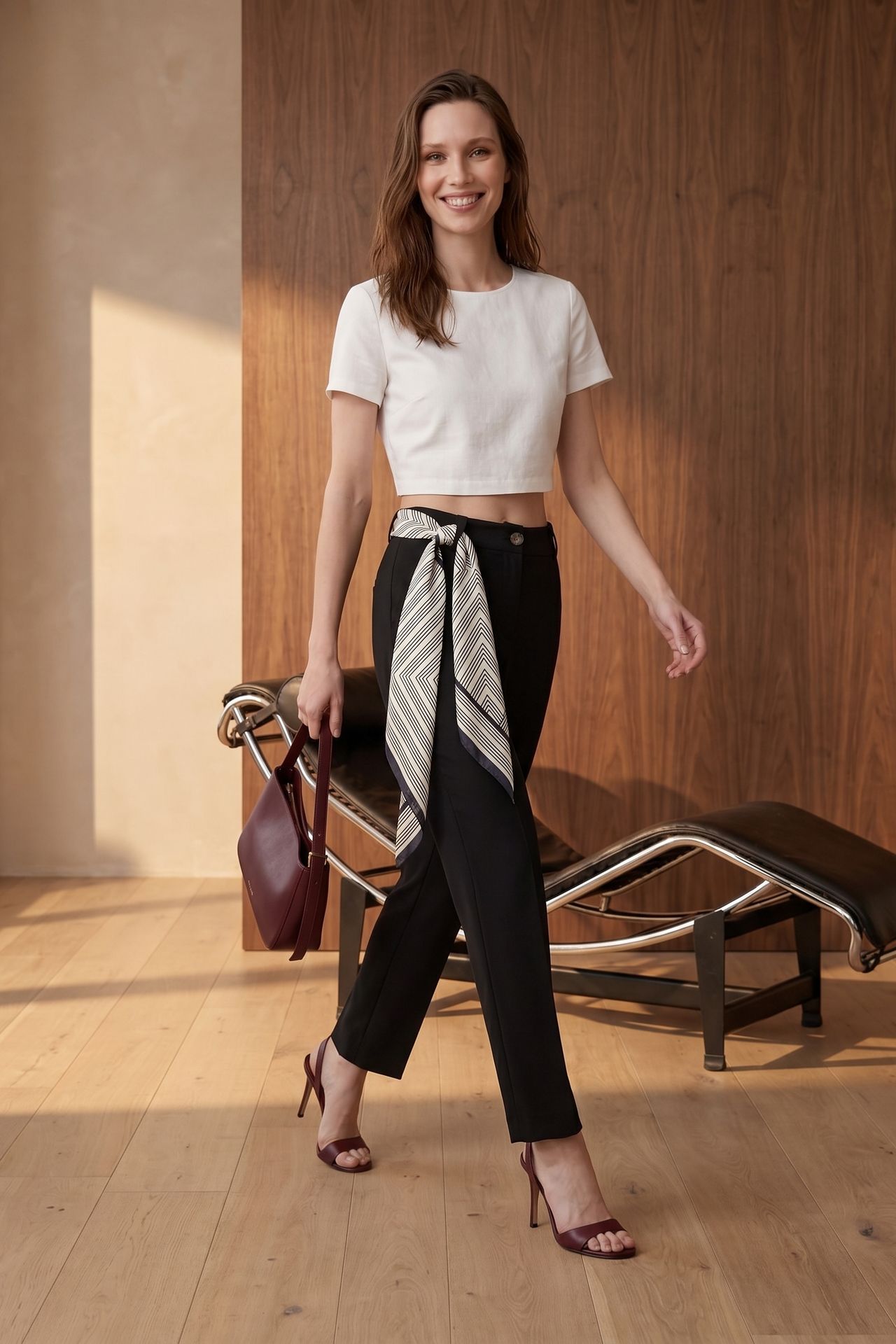 MY FASHION High-Waist Straight-Leg Crepe Trousers with Belt 1