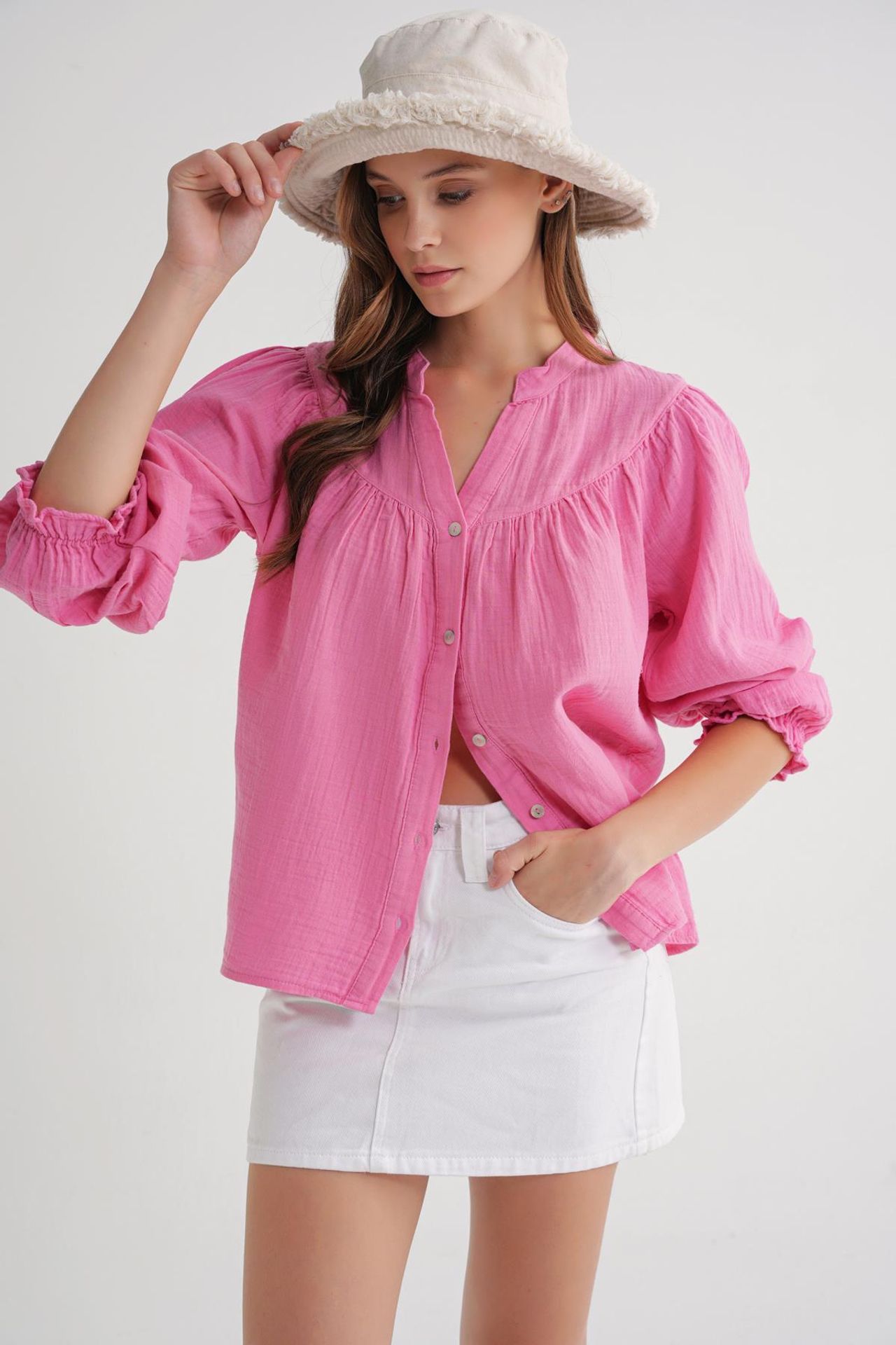 Mixray Cotton Mandarin Collar Button Shirt 3