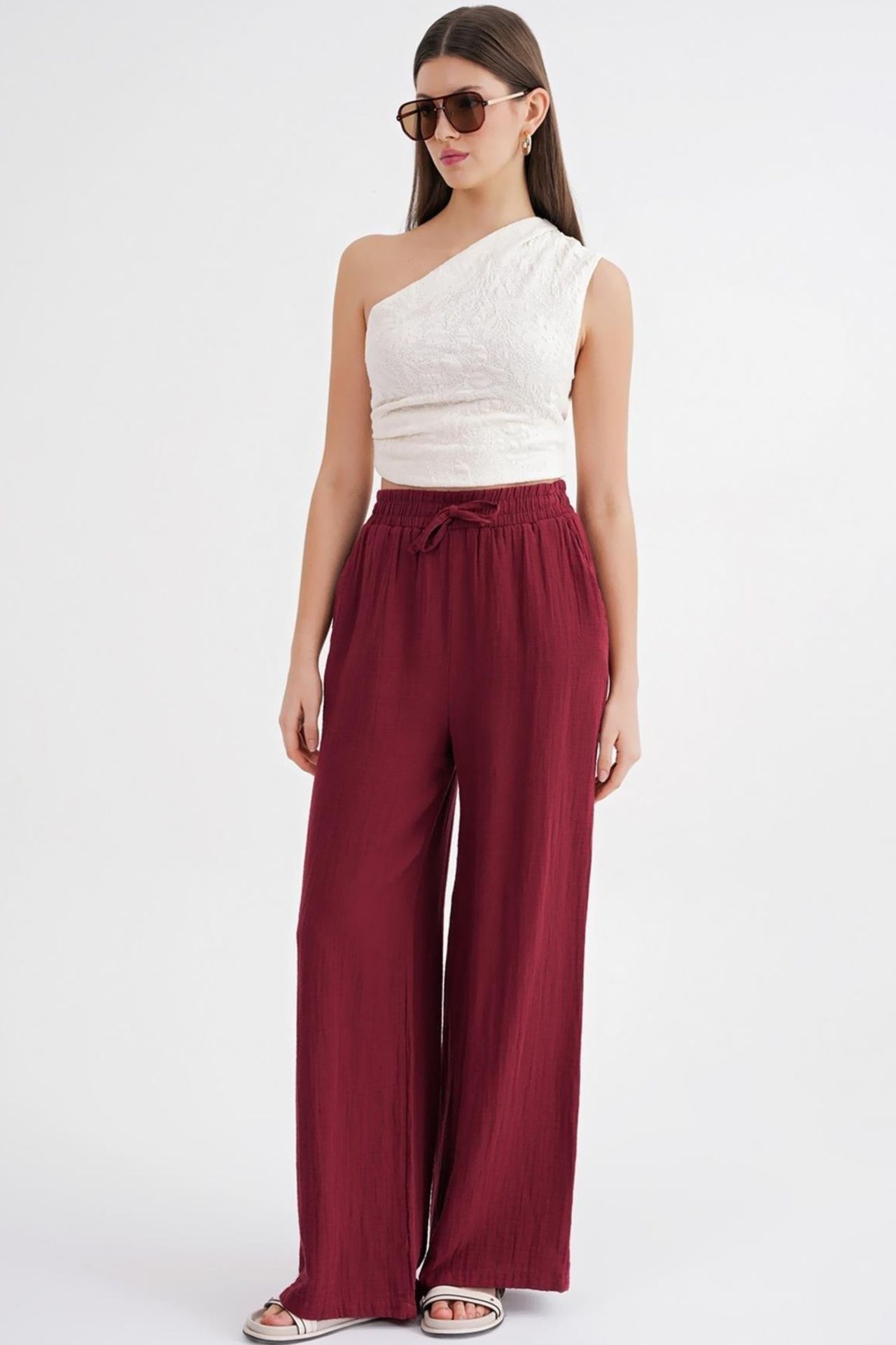 Mixray High Waist Textured Muslin Fabric Pants 3