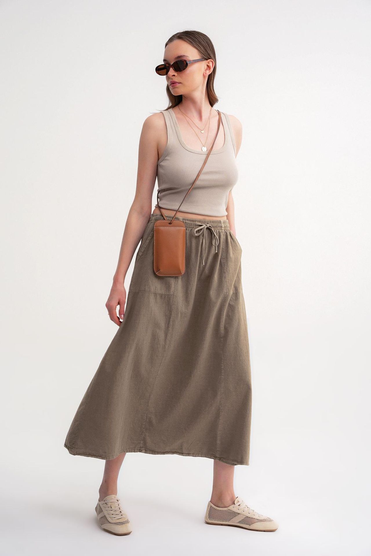 Mixray High-Waisted Poplin Skirt with Drawstring Detail 1