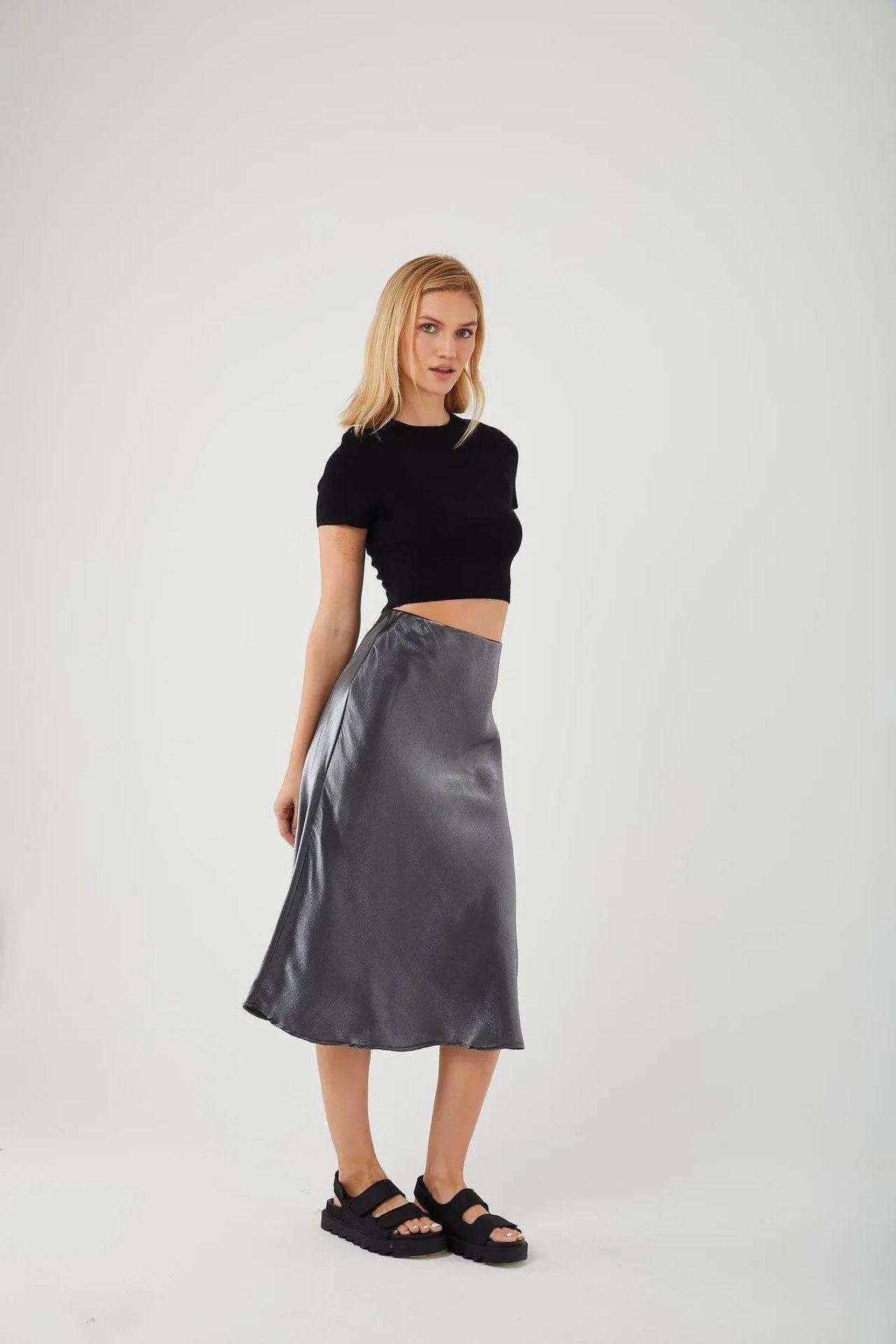 Mixray Satin Midi Skirt with Elastic Waist 5