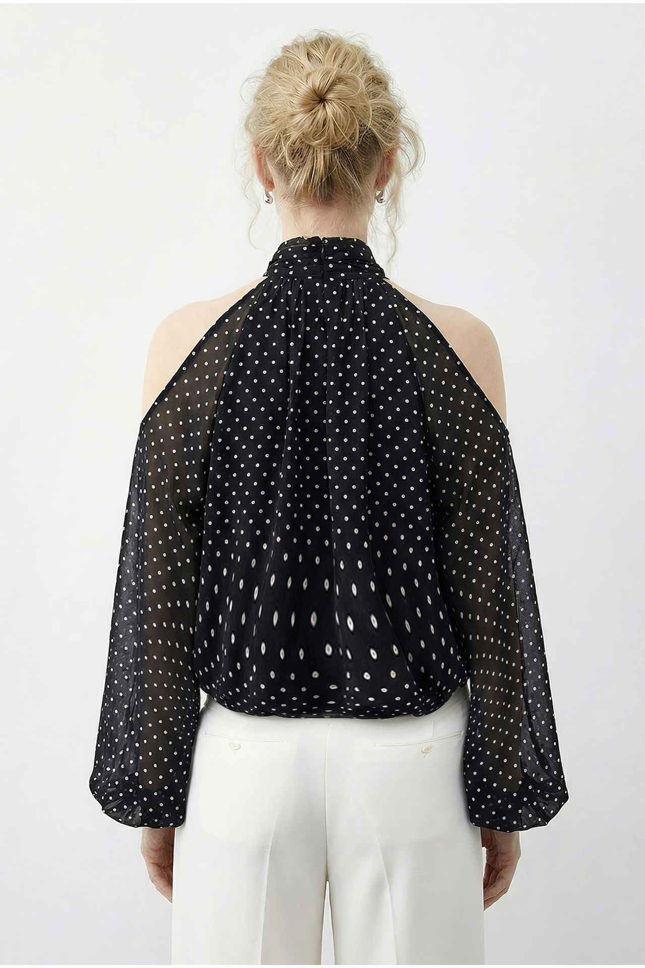 LUCCI Polka Dot Chiffon Turtleneck Blouse with Cut Out 4