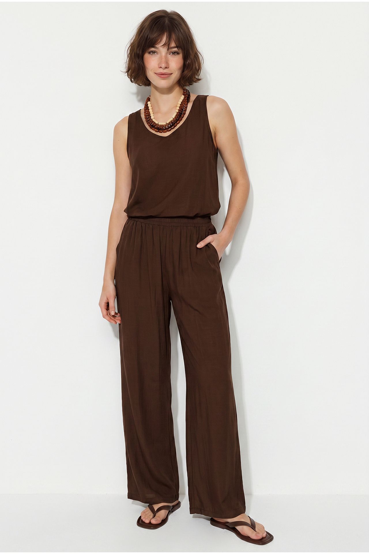 LUCCI V-Neck Cotton Blouse-Pants Two-Piece Set 2