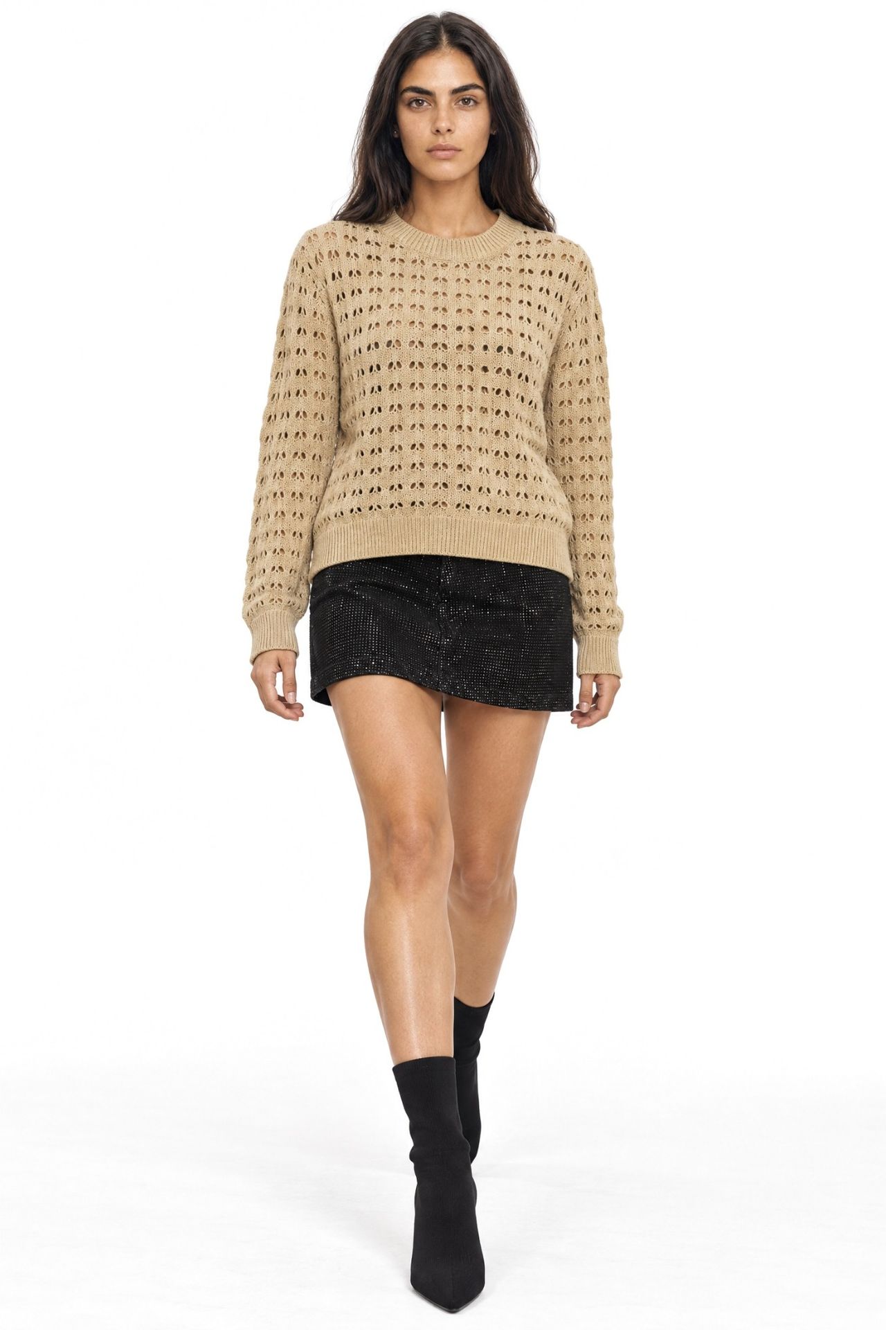 MIXRAY Textured Knit Relaxed Crop Sweater with Crew Neck 4