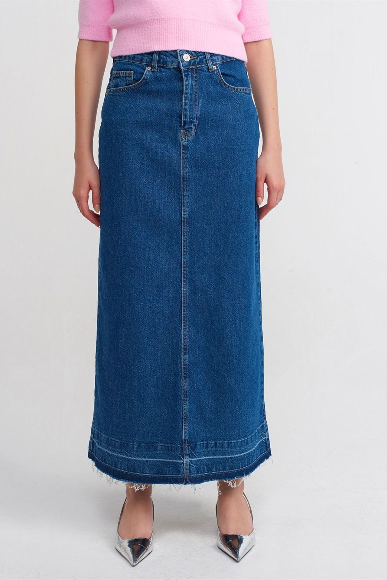 DILVIN Yüksek Bel Düz Maxi Denim Etek 3