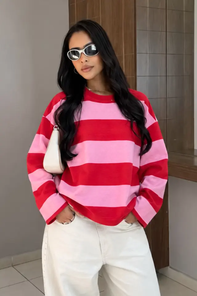 BIPANTOLON Women's Oversized Striped Crew Neck Sweatshirt