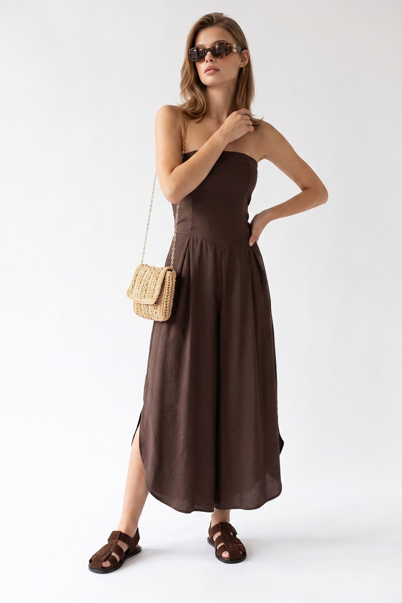 MIXRAY Strapless Wide-Leg Jumpsuit With Slit 5