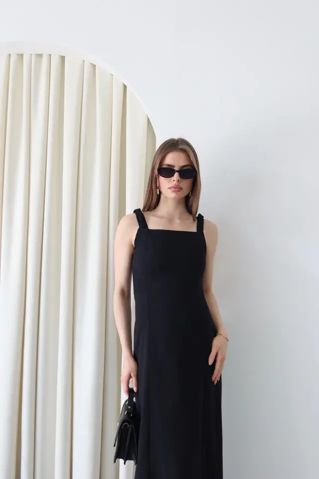 MY FASHION Maxi Dress with Square Collar and Tie Detail