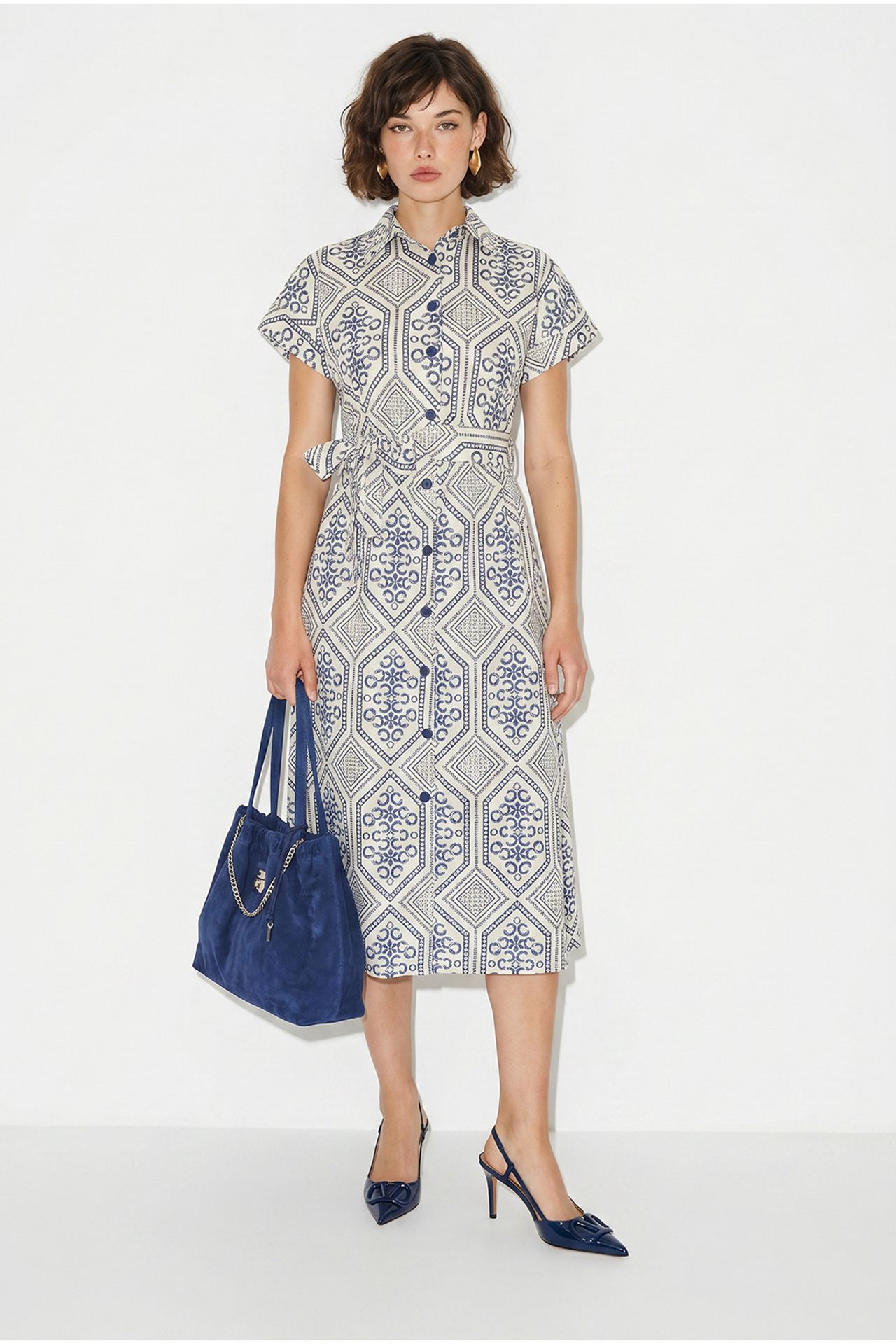 LUCCI Belted Geometric Cotton Midi Shirt Dress 3