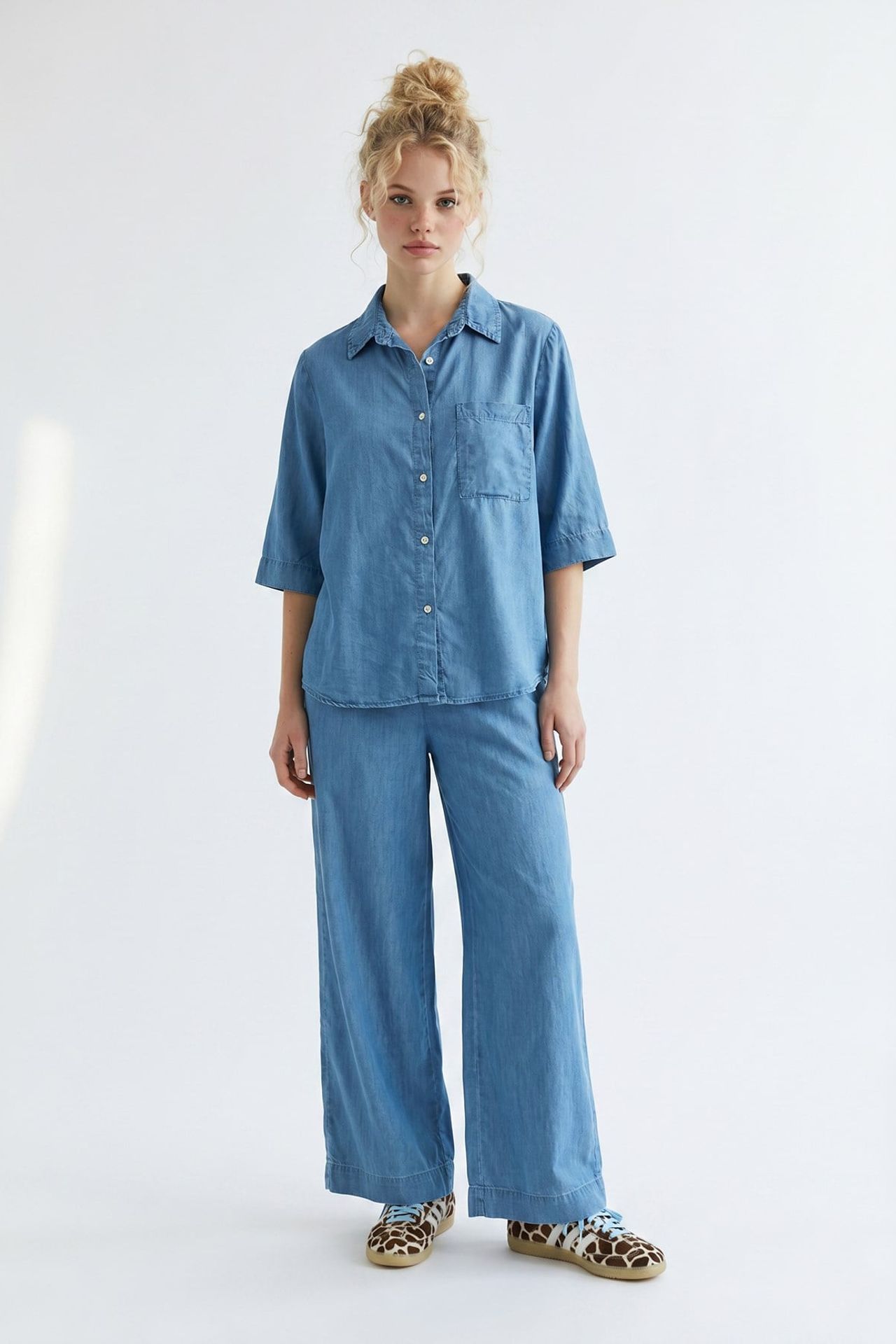 MIXRAY Cotton Shirt And Wide-leg Trouser Set 4