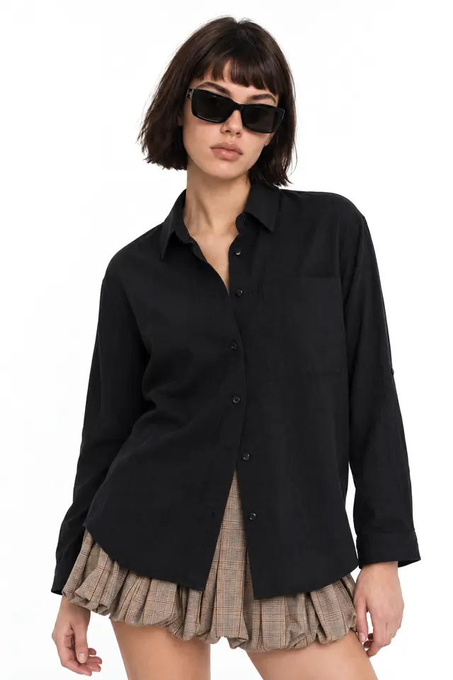 Mixray Long Sleeve Button-Up Shirt with Pocket