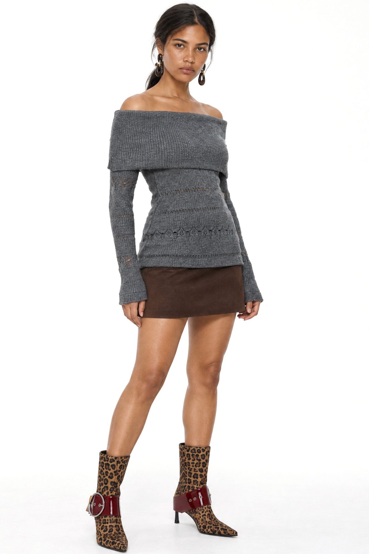 MIXRAY Off Shoulder Textured Ribbed Sweater with Cut Out Details 2