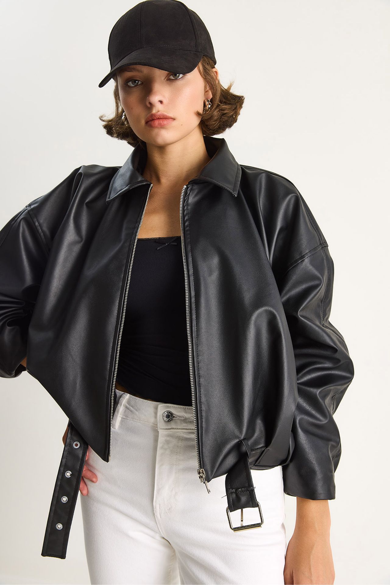LUCCI Faux Leather Bomber Jacket with Zipper Closure 6