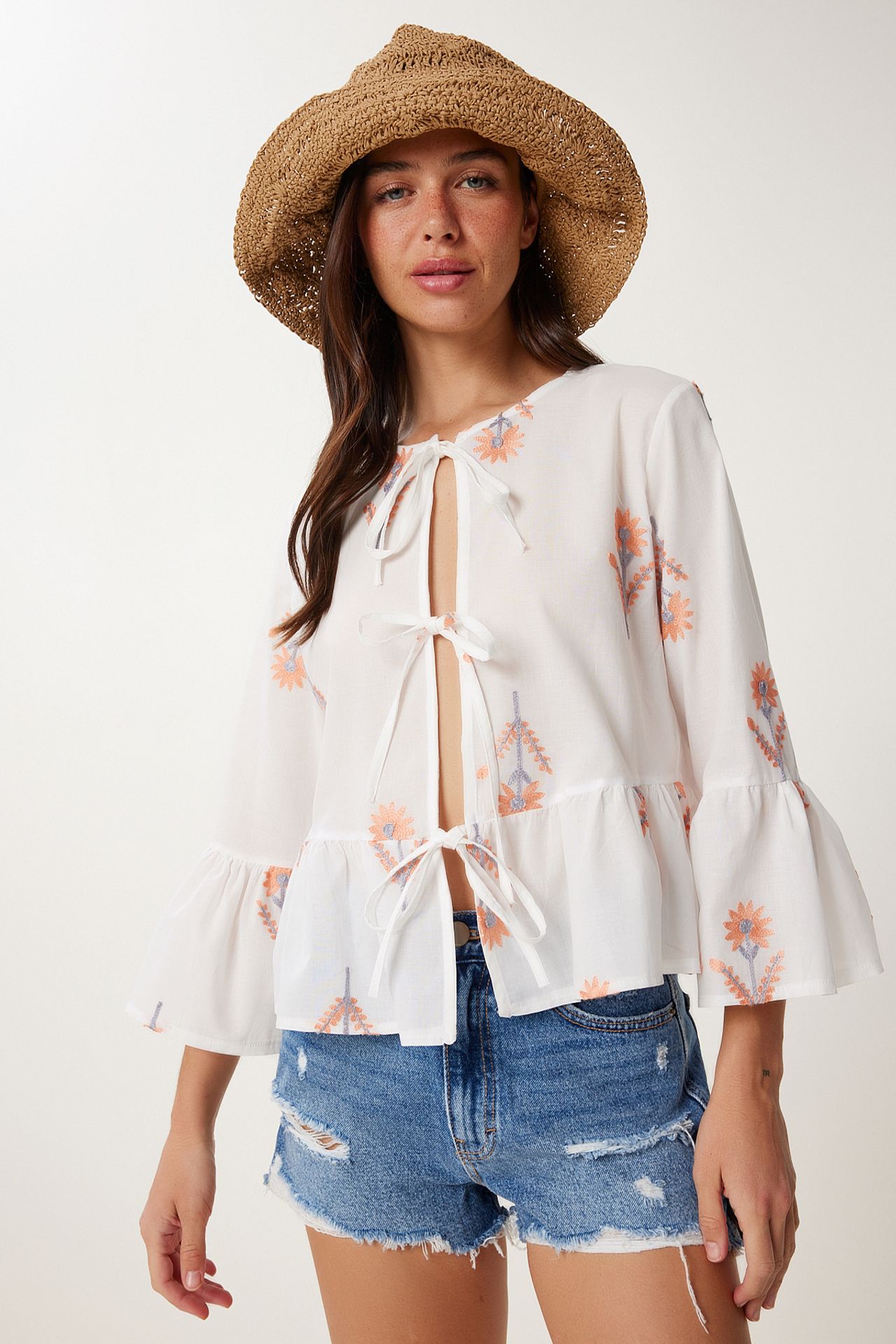 ISTANBUL Frilly Crew Neck Long Sleeve Floral Blouse 1