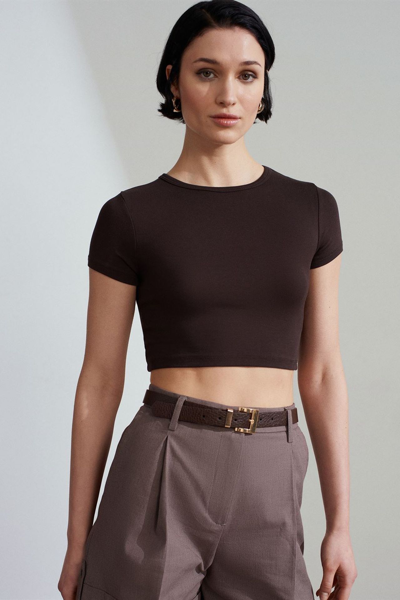 DILVIN Kadın Crop Slim Fit Bisiklet Yaka Tişört 3