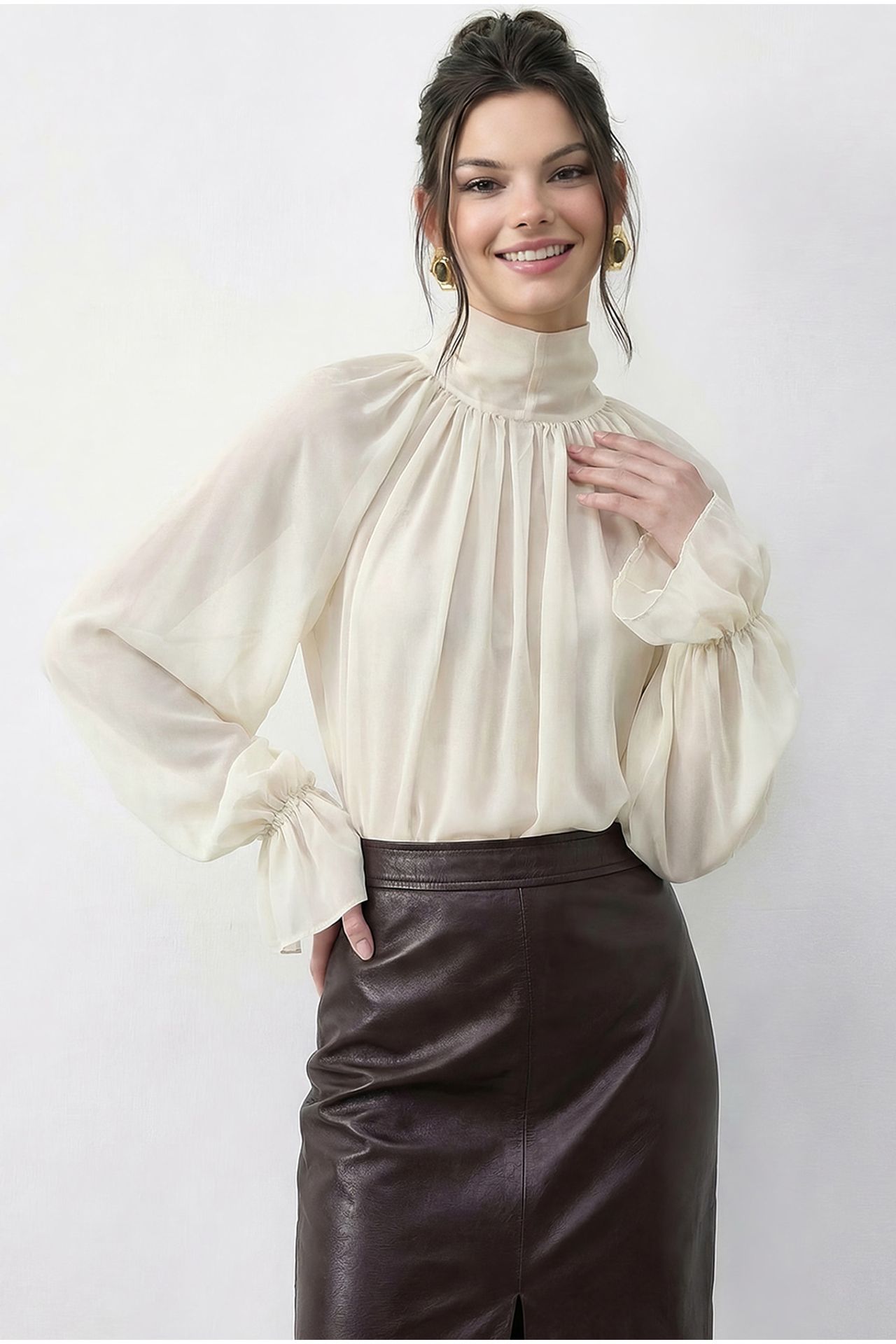 LUCCI Solid Chiffon Turtleneck Blouse 4