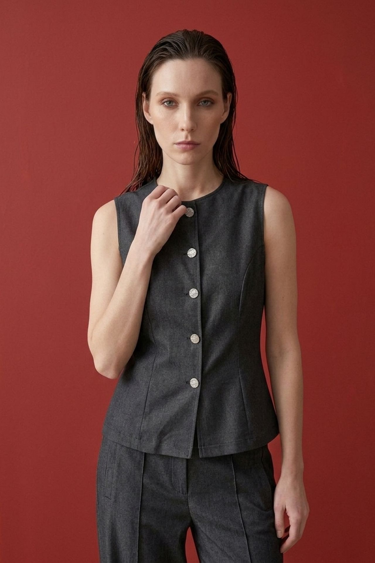 MY FASHION Cotton Poplin Vest and Wide-Leg Trouser Set 6