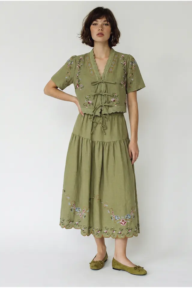 LUCCI Embroidered V-Neck Midi Dress