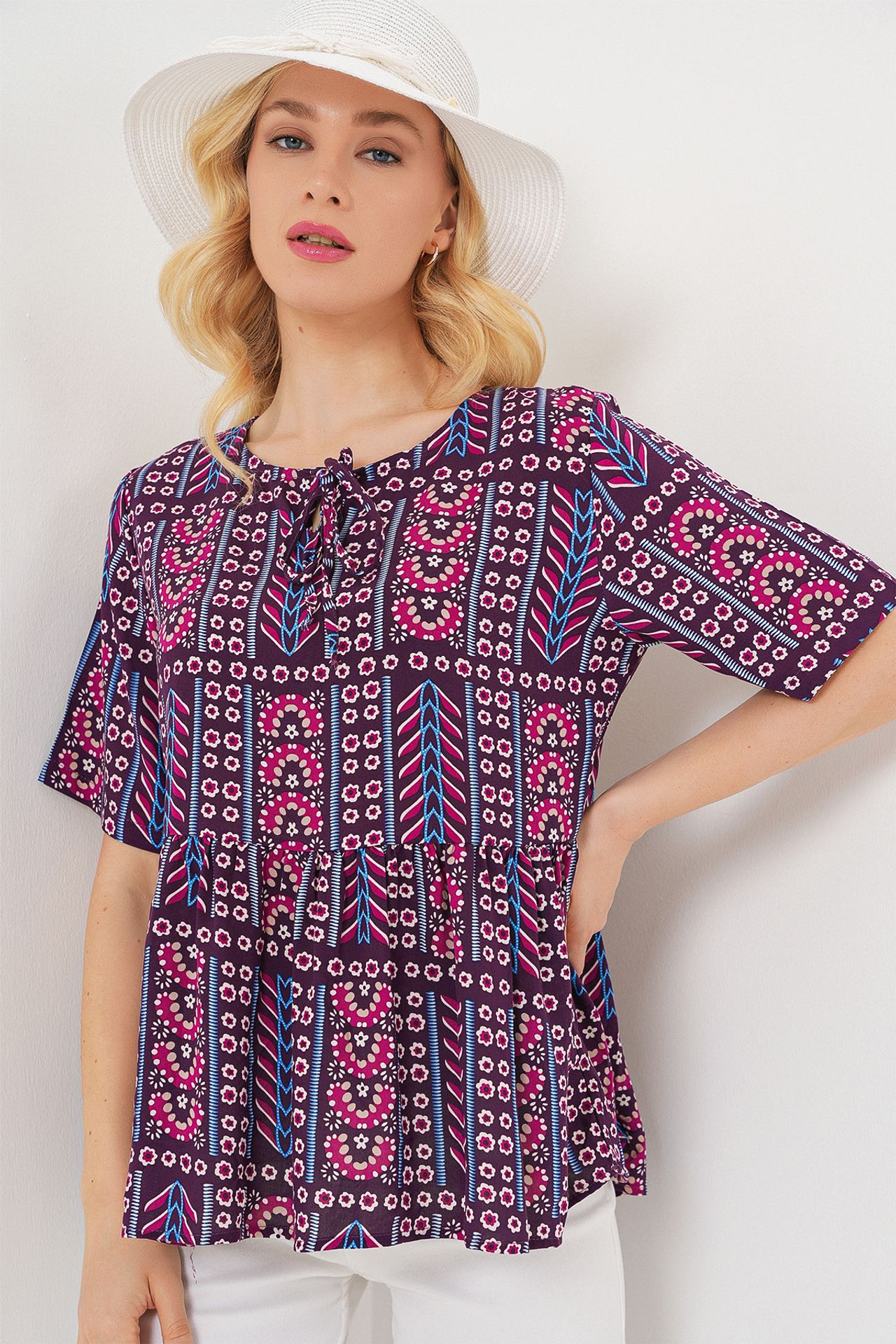 BDART Patterned Crew Neck Blouse with Bow Detail 1