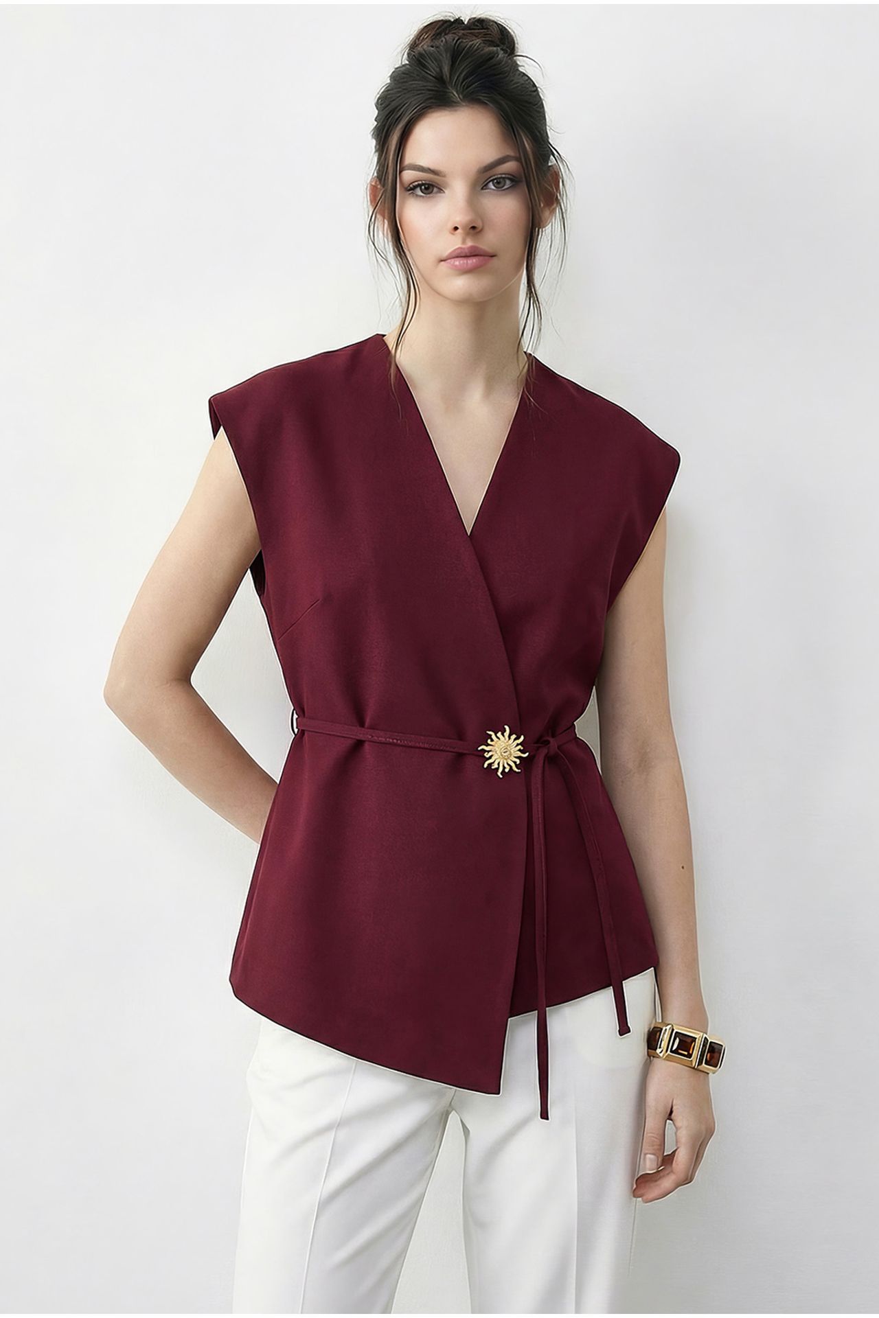 LUCCI Belted V-Neck Crepe Waistcoat 3