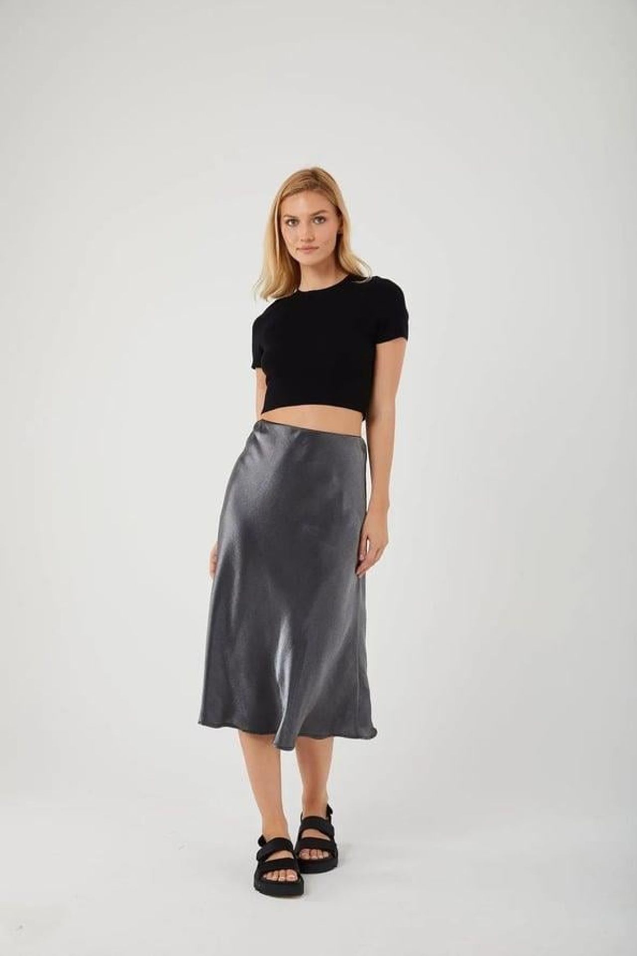 Mixray Satin Midi Skirt with Elastic Waist 1