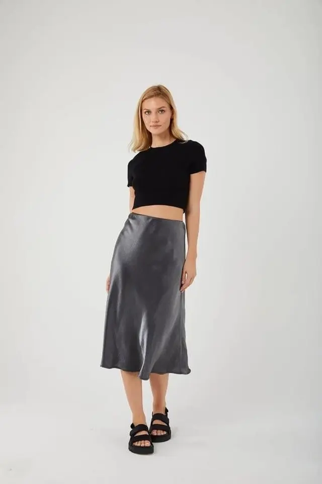 Mixray Satin Midi Skirt with Elastic Waist