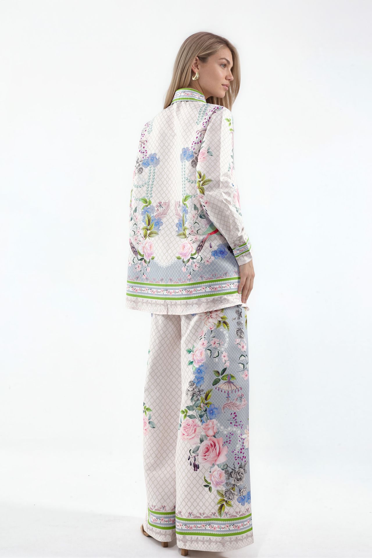 MSN Floral Shirt Collar Blouse And Wide-Leg Pants Set
