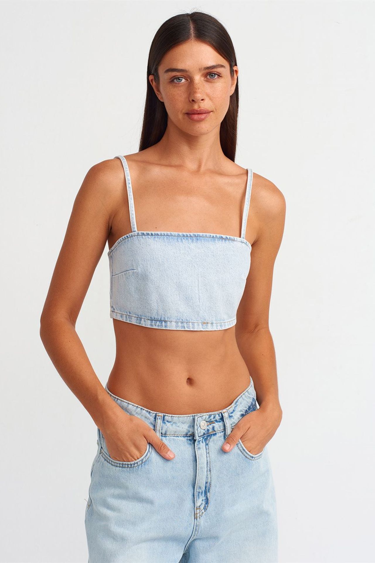 DILVIN Kadın Straplez Kısa Denim Üst 1