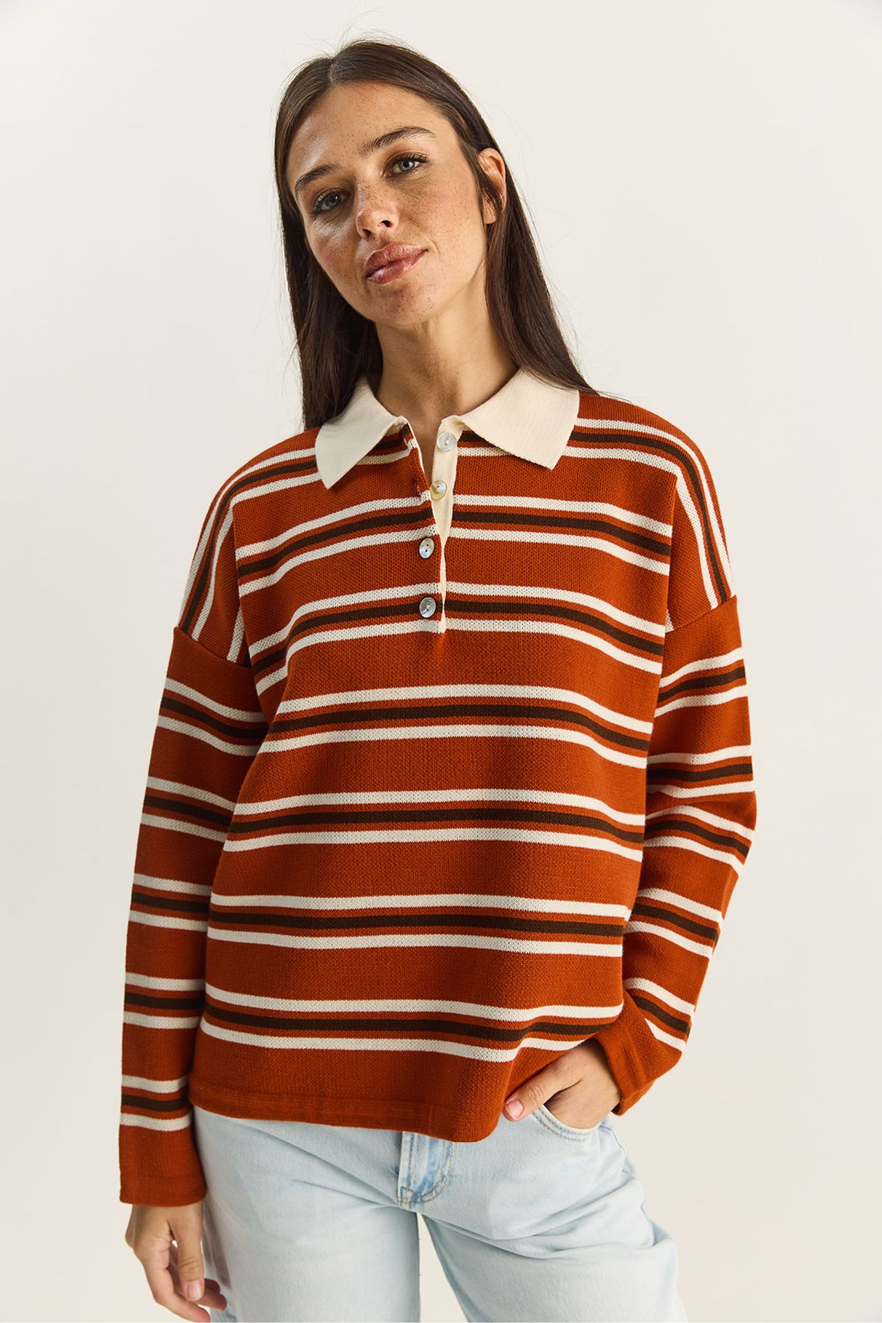 LUCCI Striped Polo Collar Button Sweater 2
