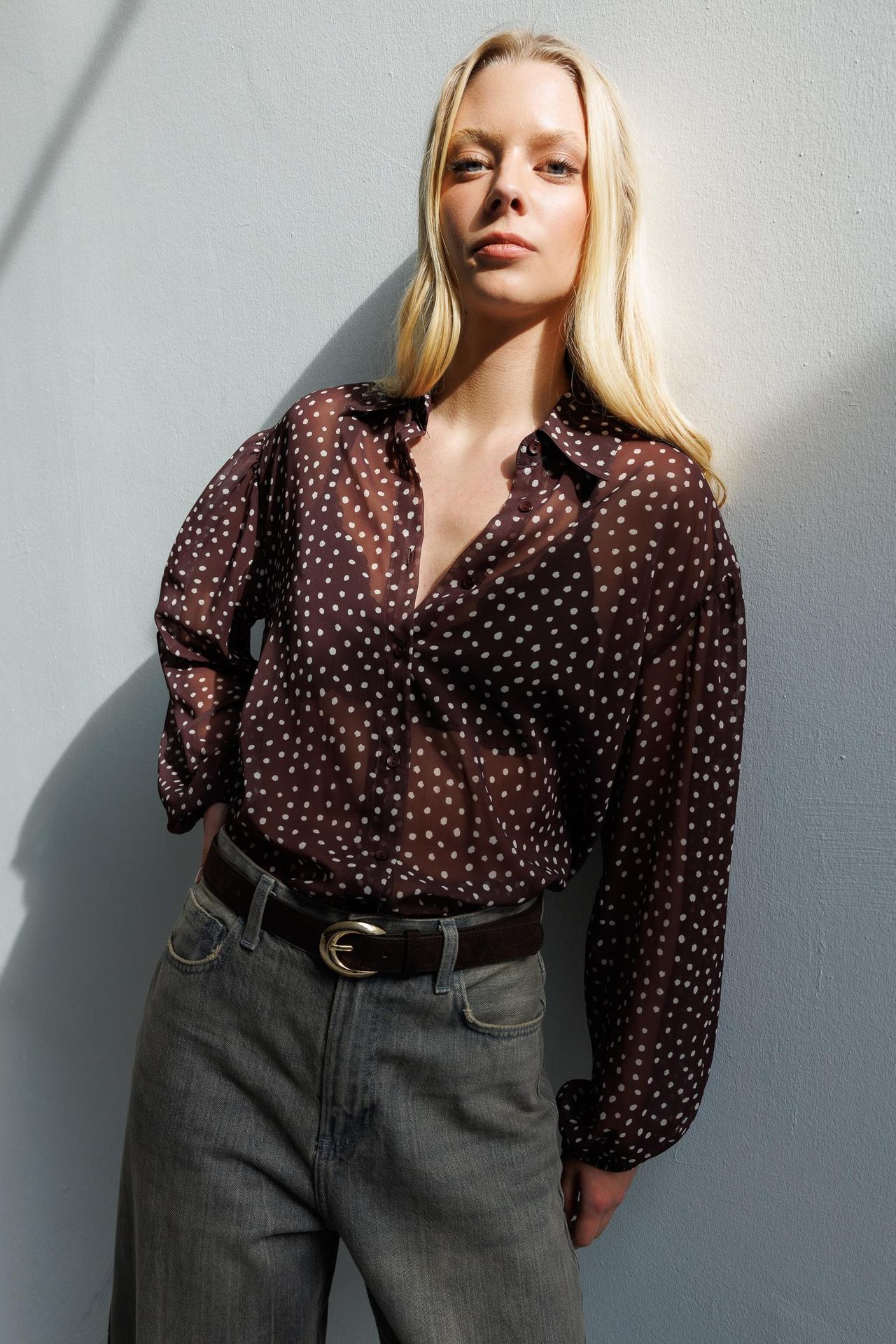 MIXRAY Polka Dot Chiffon Button-Up Shirt 4