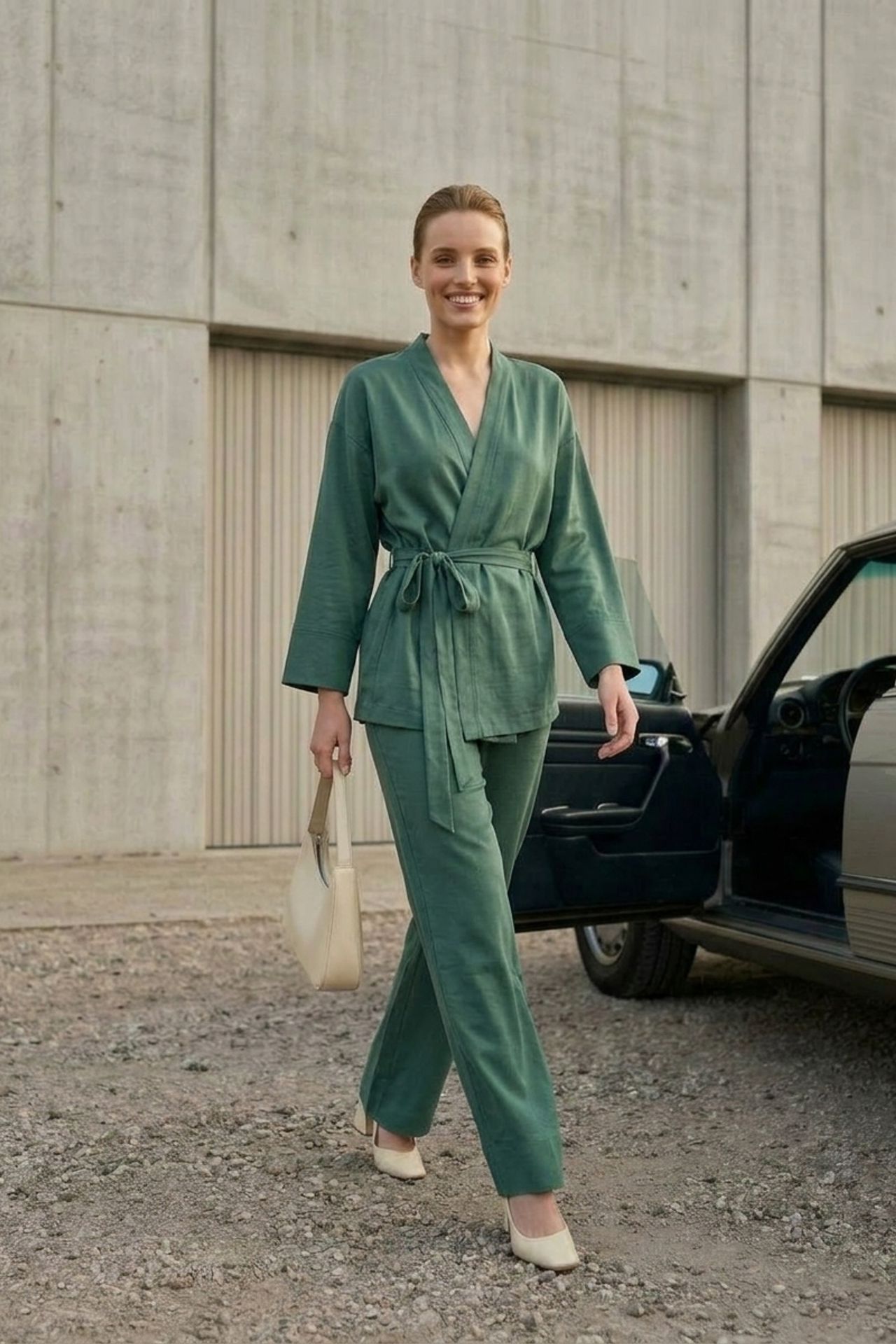 MY FASHION Belted V-neck Long Sleeve Two-Piece Set 1
