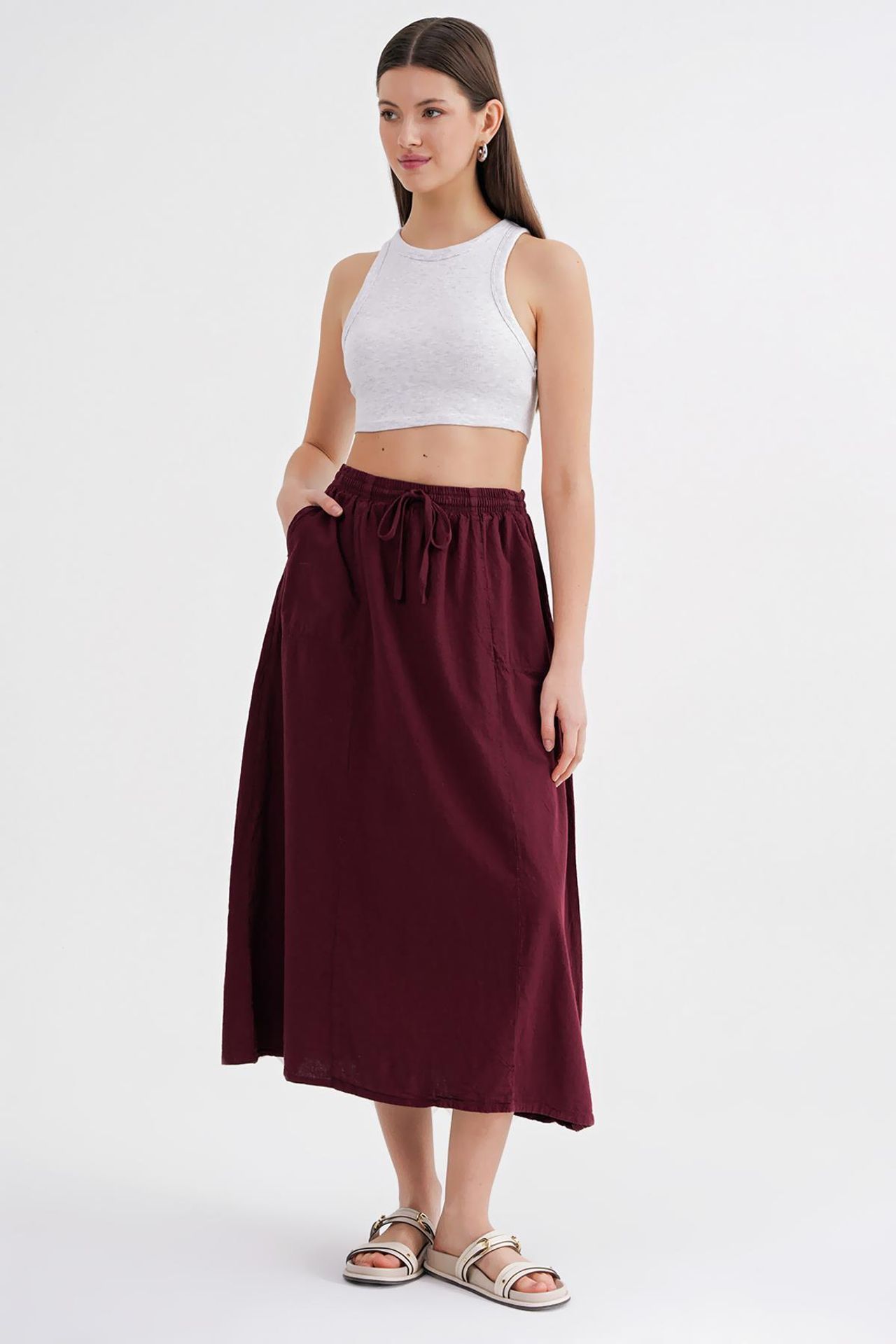 Mixray High-Waisted Poplin Skirt with Drawstring Detail 4