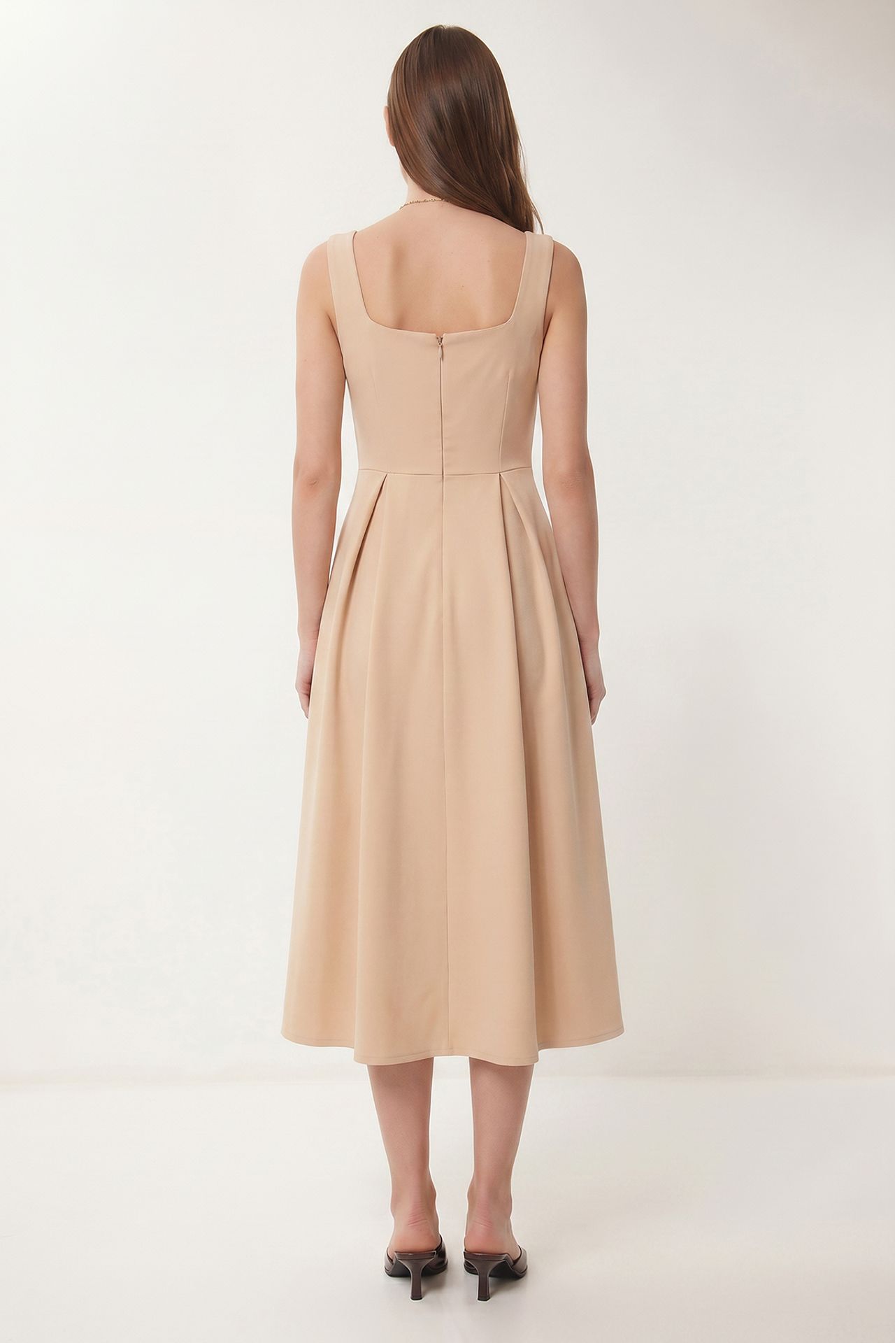 ISTANBUL Square Collar A-Form Midi Dress with Zipper Closure 5