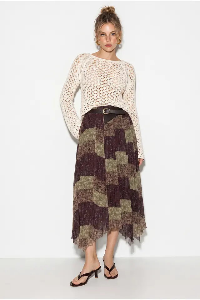 LUCCI High Waist Paisley Print Midi Skirt with Belt