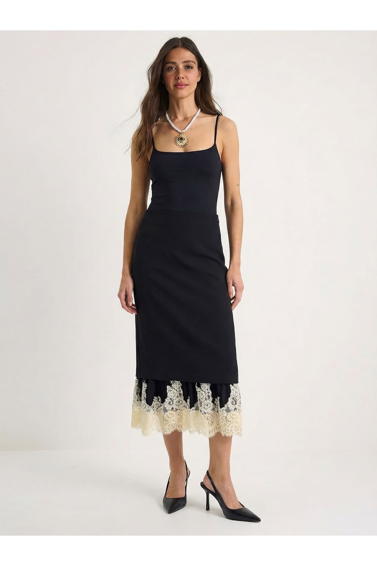 LUCCI High Waist Midi Skirt with Lace Bottom 3