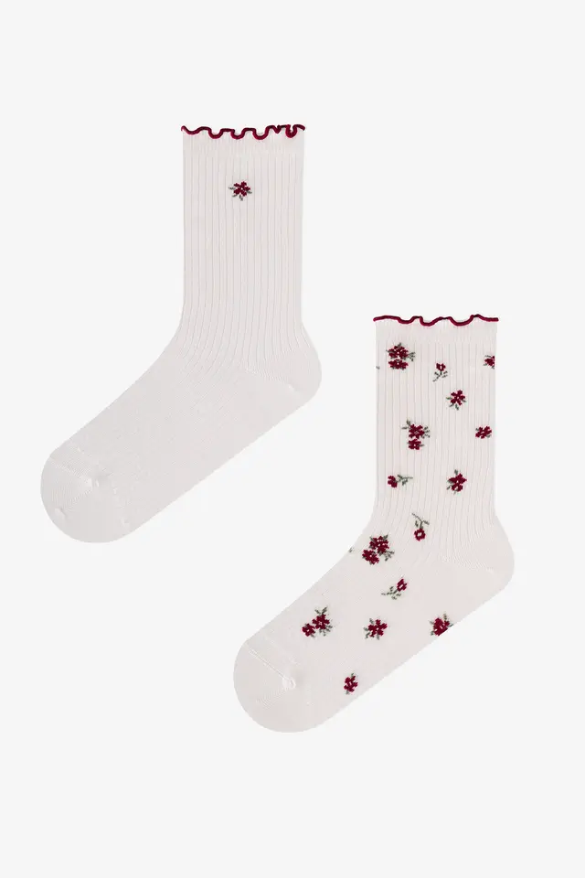 PENTI Ruffled Floral Crisp Flower Pattern Cotton Pair Crew Socks