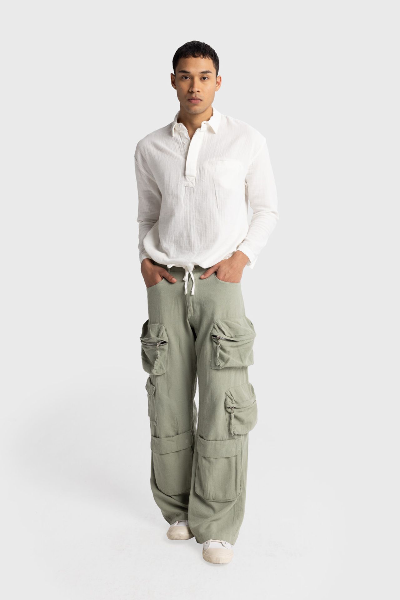 GIESTO Men's Relaxed Cotton Long-Sleeve Shirt with Tie Detail 4