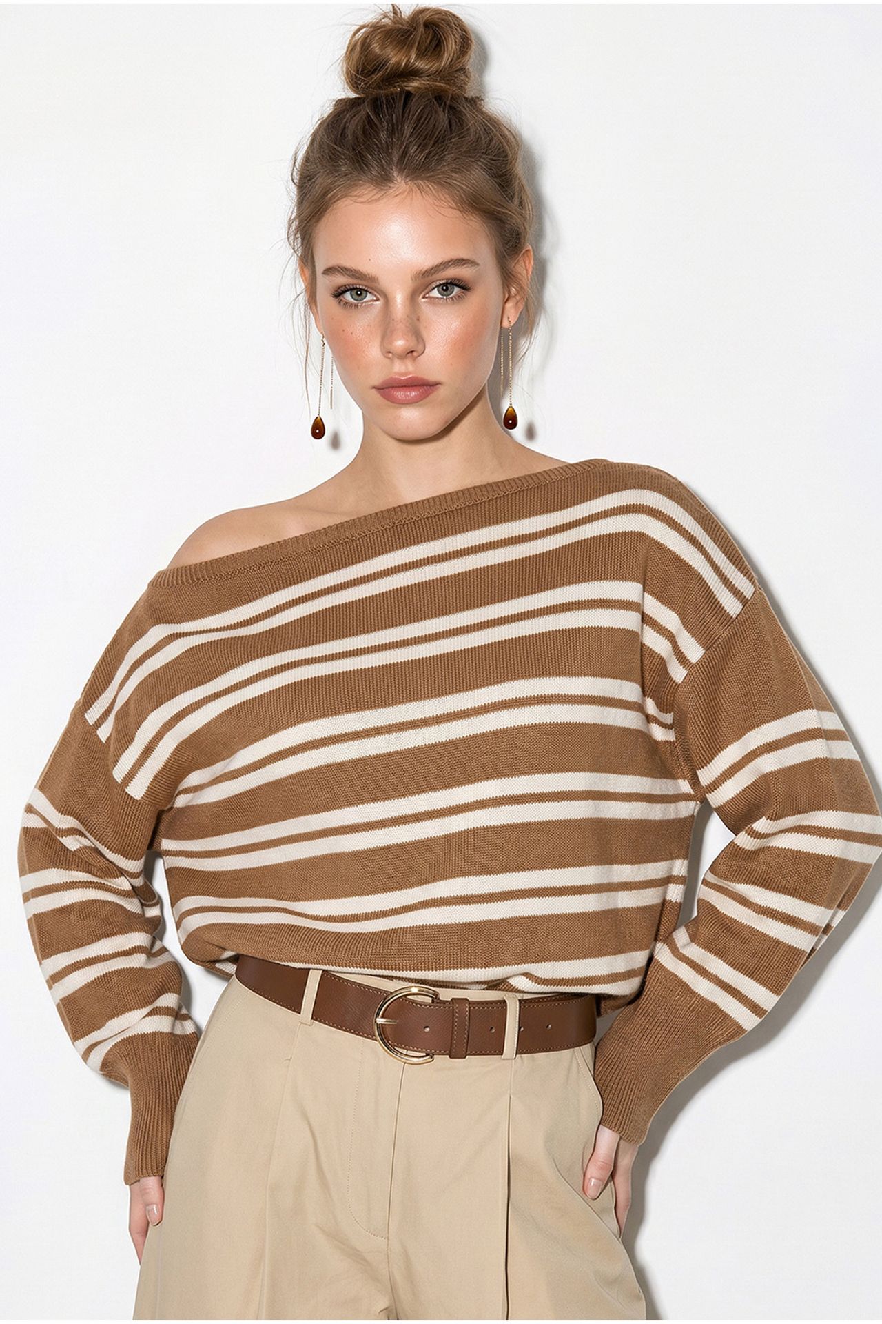 LUCCI Off Shoulder Striped Ribbed Sweater 1