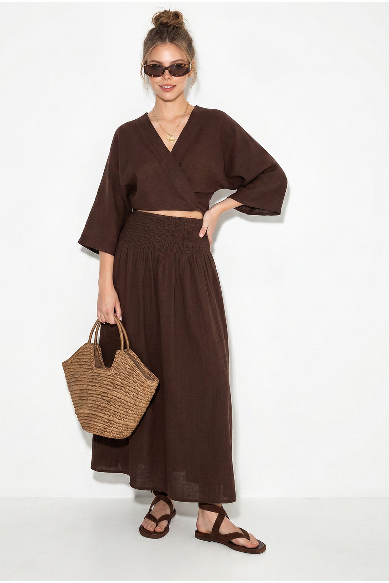 LUCCI Cotton Two-Piece Blouse And Midi Skirt Set